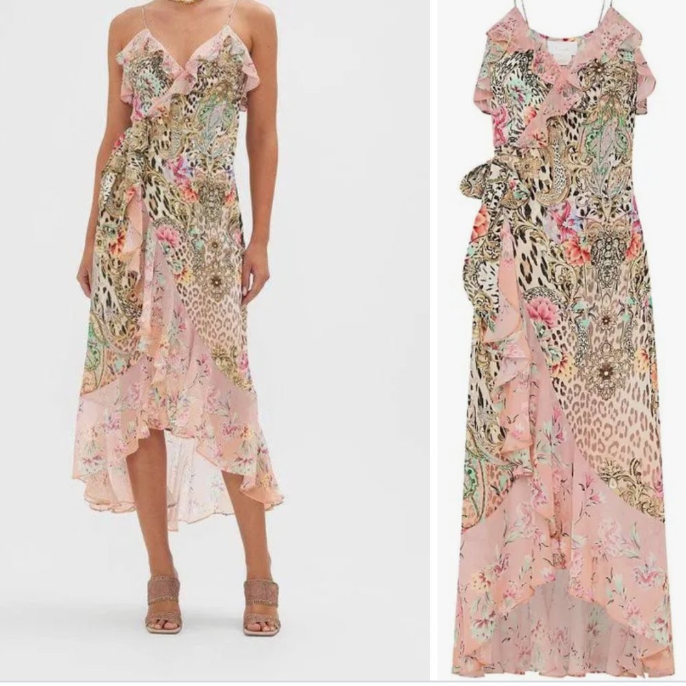 Camilla woman's long silk high-low wrap dress size small